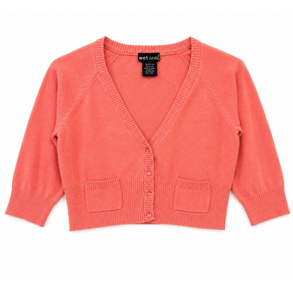 Wet Seal Y2K Coral Pink Cropped Cardigan Sweater 3/4 Sleeve Women's L